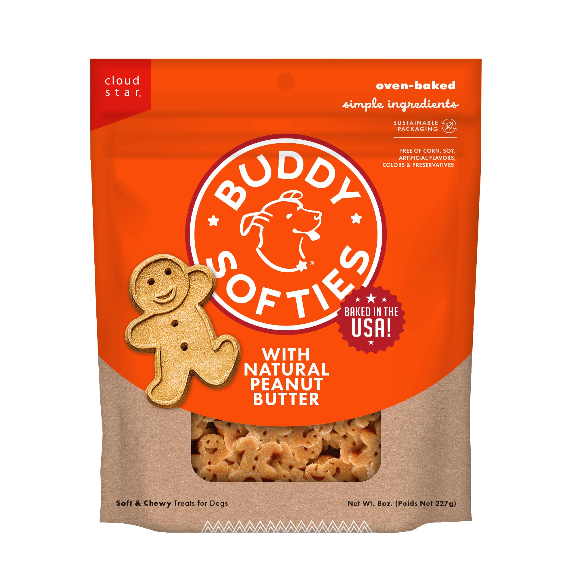 Buddy Biscuits Softies 8oz bag showing soft, chewy treats for dogs.