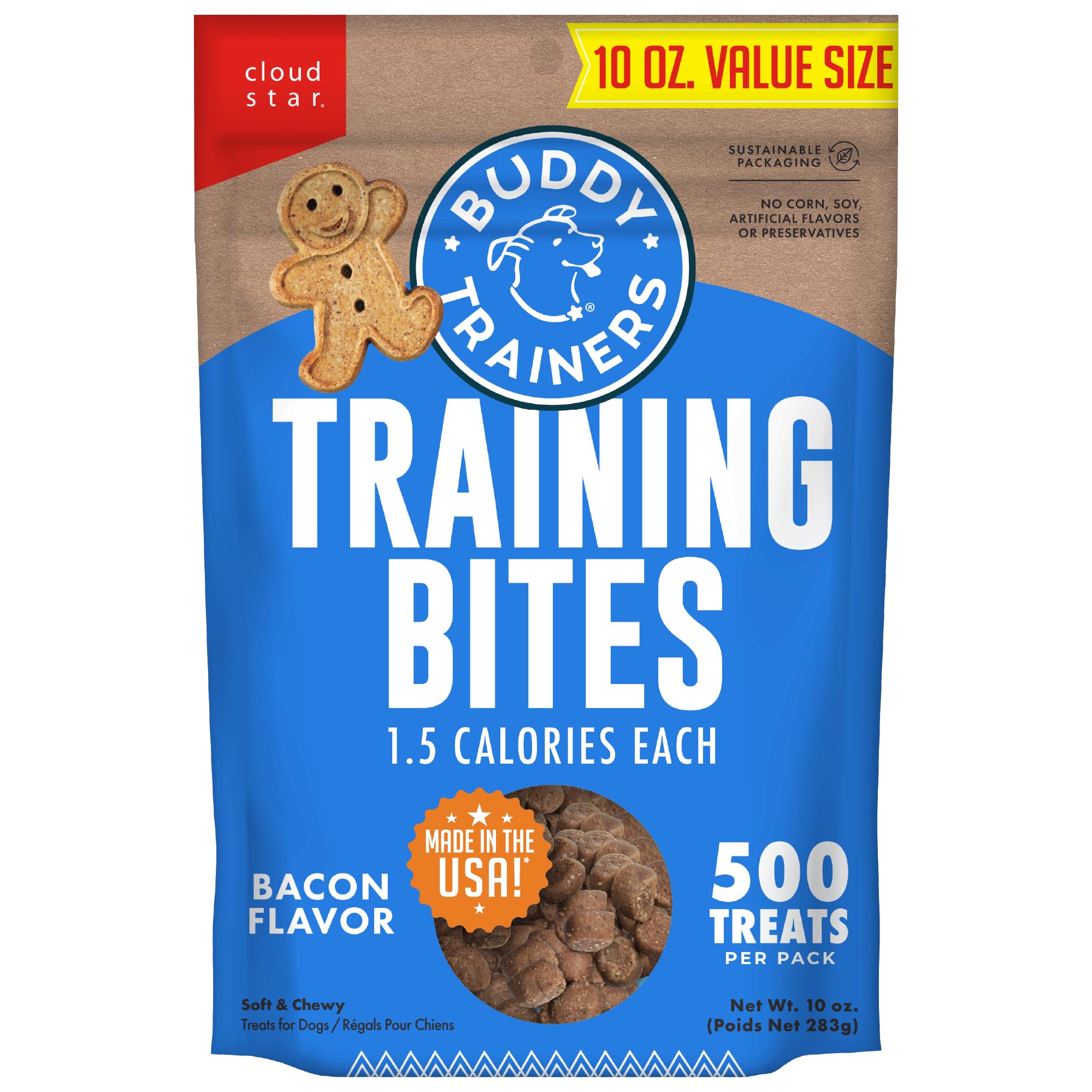 Buddy Biscuits Trainers 10 Oz pouch front showing bacon flavored bites for small dogs.