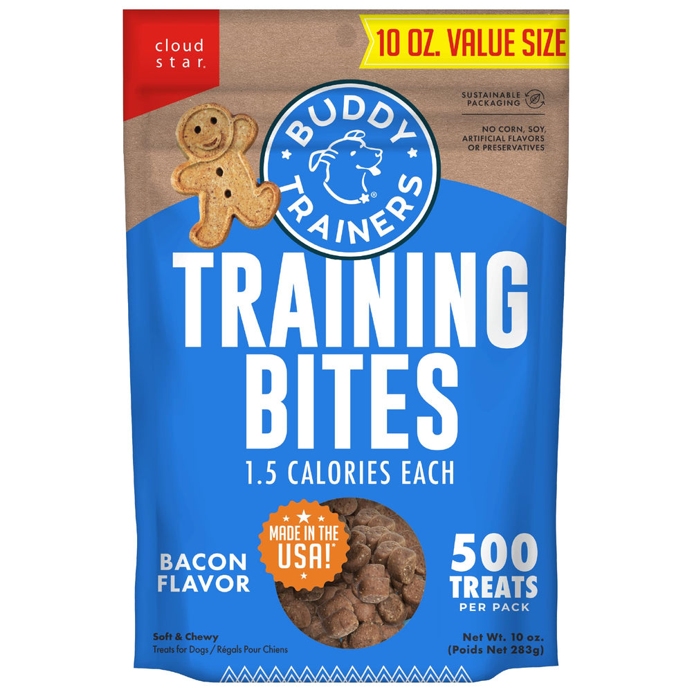 Buddy Biscuits Trainers 10 Oz pouch front showing bacon flavored bites for small dogs.