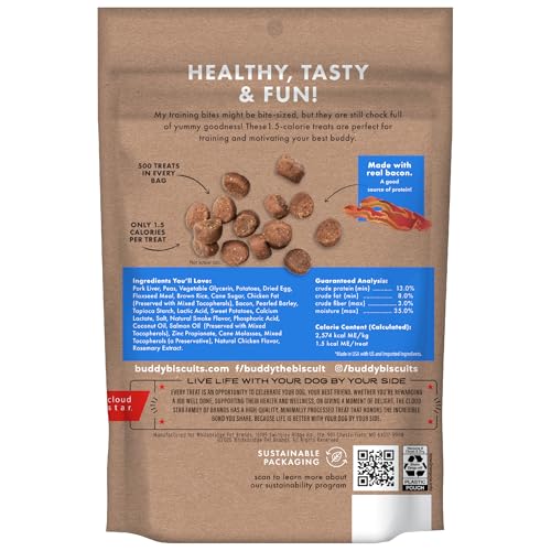 Buddy Biscuits Trainers 10 Oz pouch open with treats ready for training.