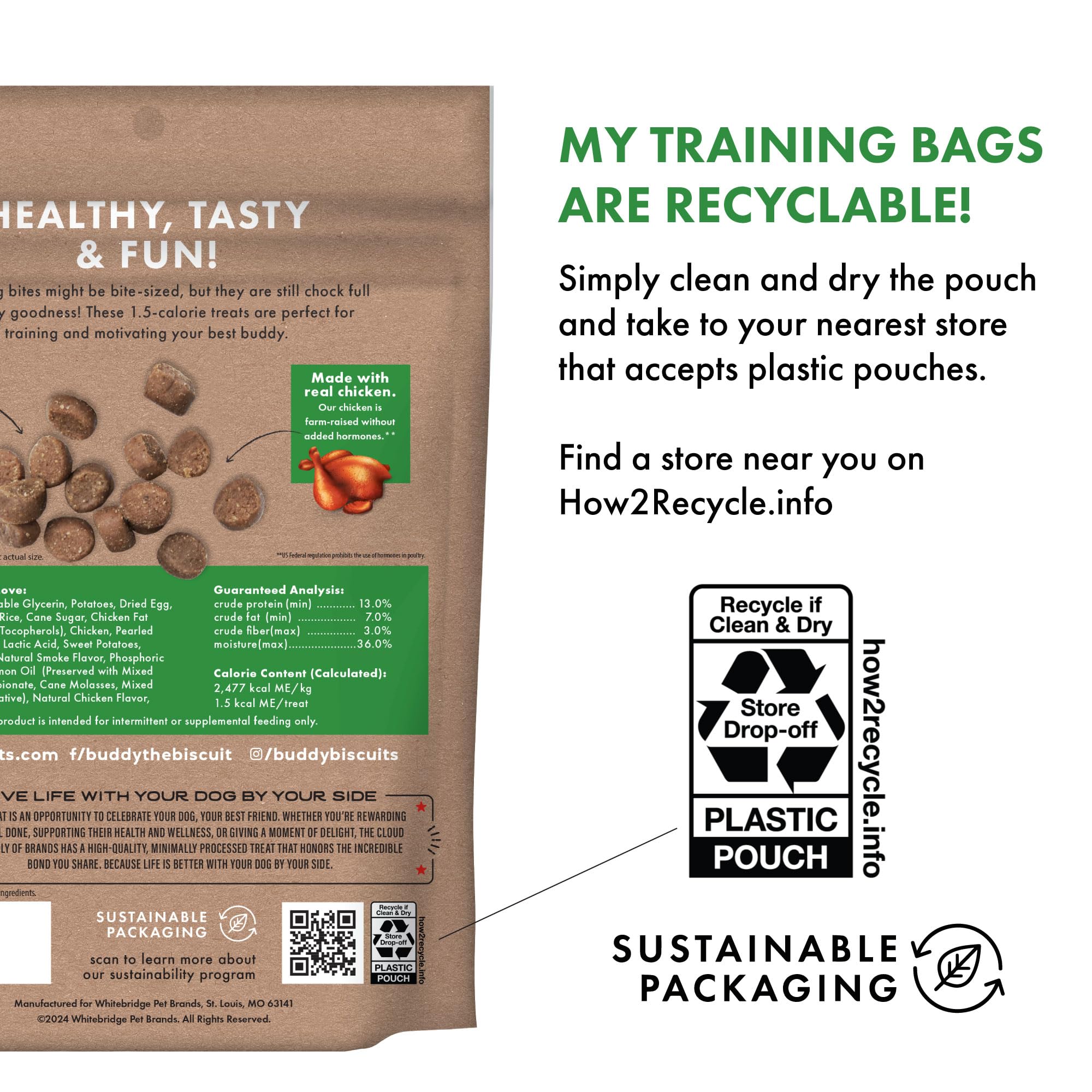 Buddy Biscuits Trainers bag contains 500 treats for ongoing practice.