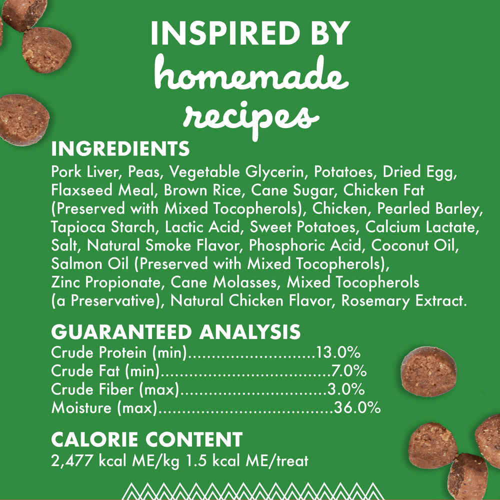 Buddy Biscuits Trainers bites show pork liver first ingredient for palatability.