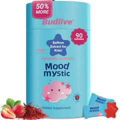 BudLive Saffron Gummies for Kids box and bottle illustrate convenient mood support