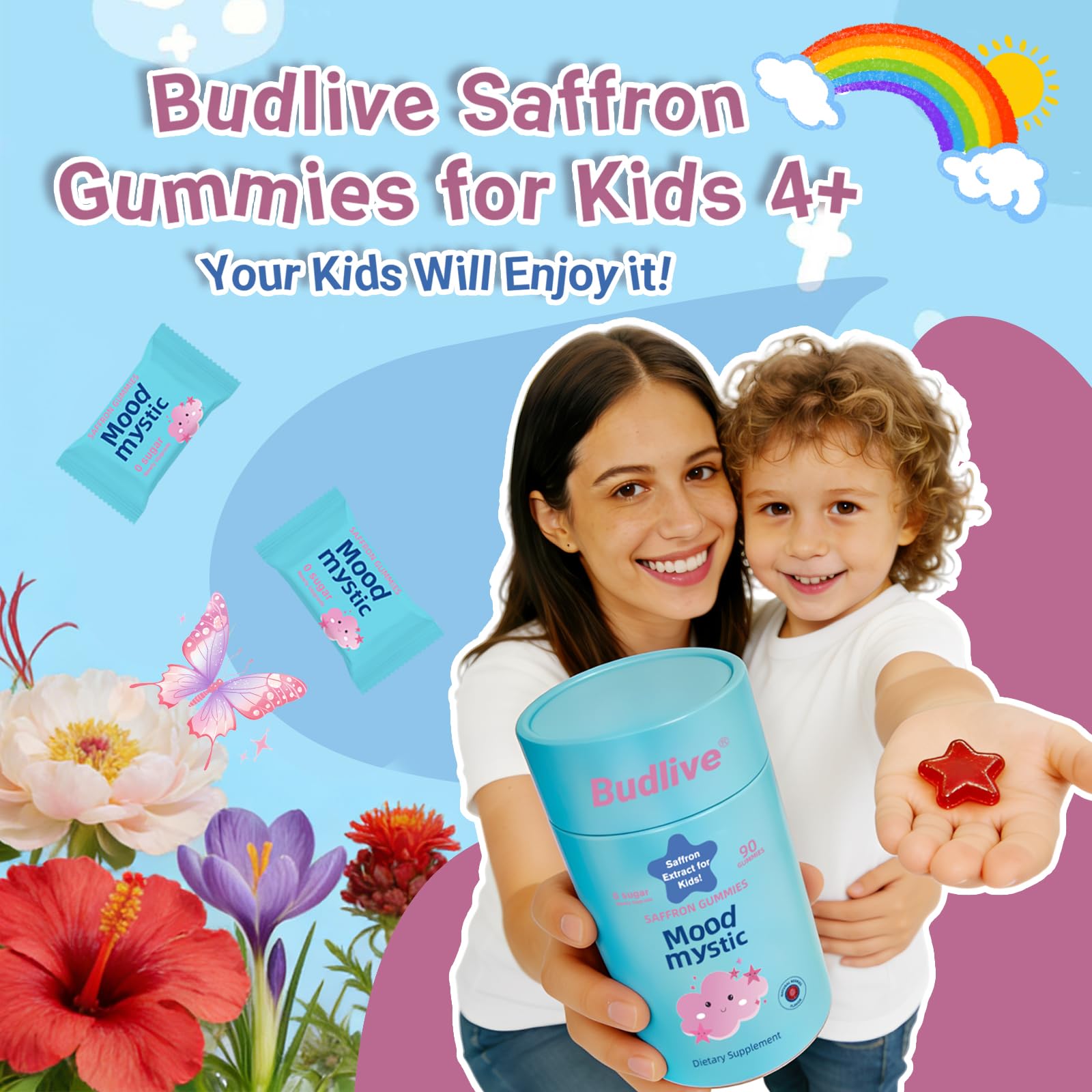 BudLive Saffron Gummies for Kids two-gummy daily dosage visual