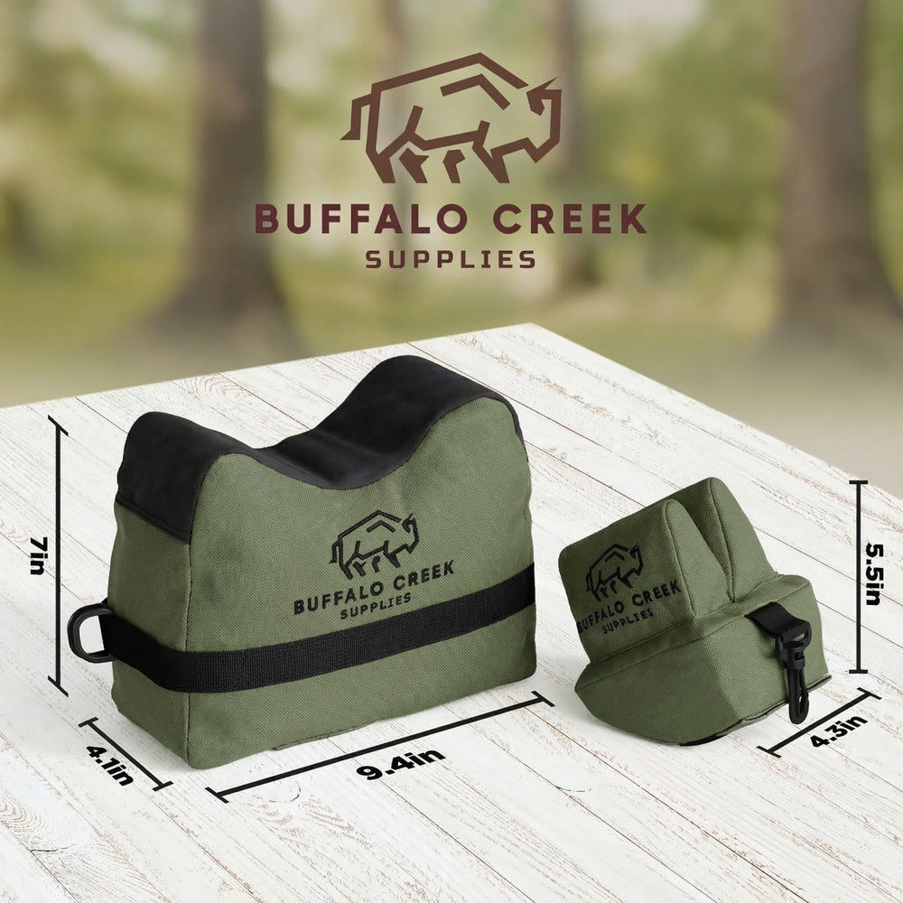Buffalo Creek Supplies bench rest setup highlighting front and rear bags for stability.