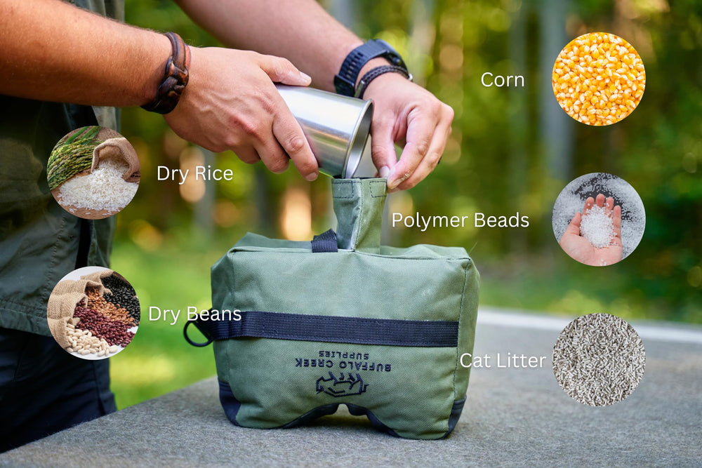 Buffalo Creek Supplies fill options like rice, corn cob, or sand for customizable weight.
