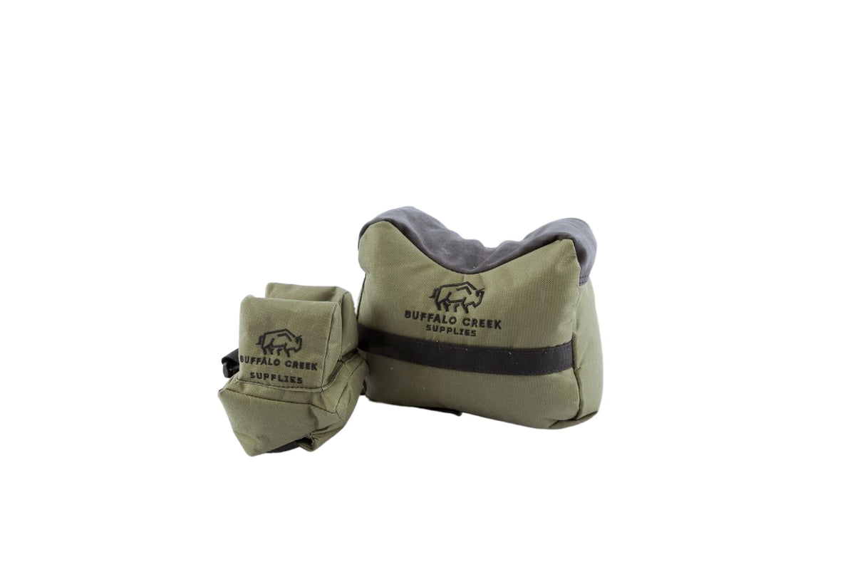 Buffalo Creek Supplies front shooting bag in olive offers stable bench support for precision rifle practice.