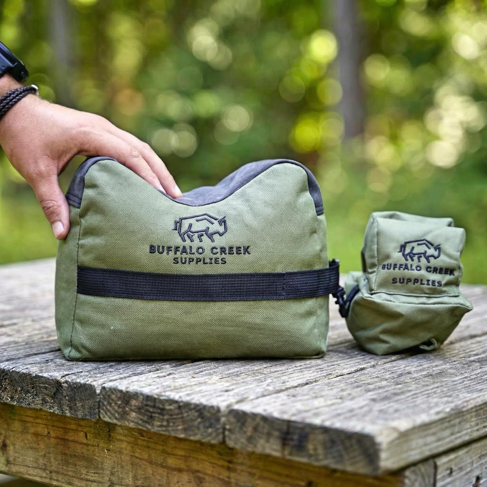 Buffalo Creek Supplies rear shooting bag in olive enhances rear stability on the bench.