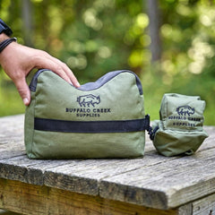 Buffalo Creek Supplies rear shooting bag in olive enhances rear stability on the bench.