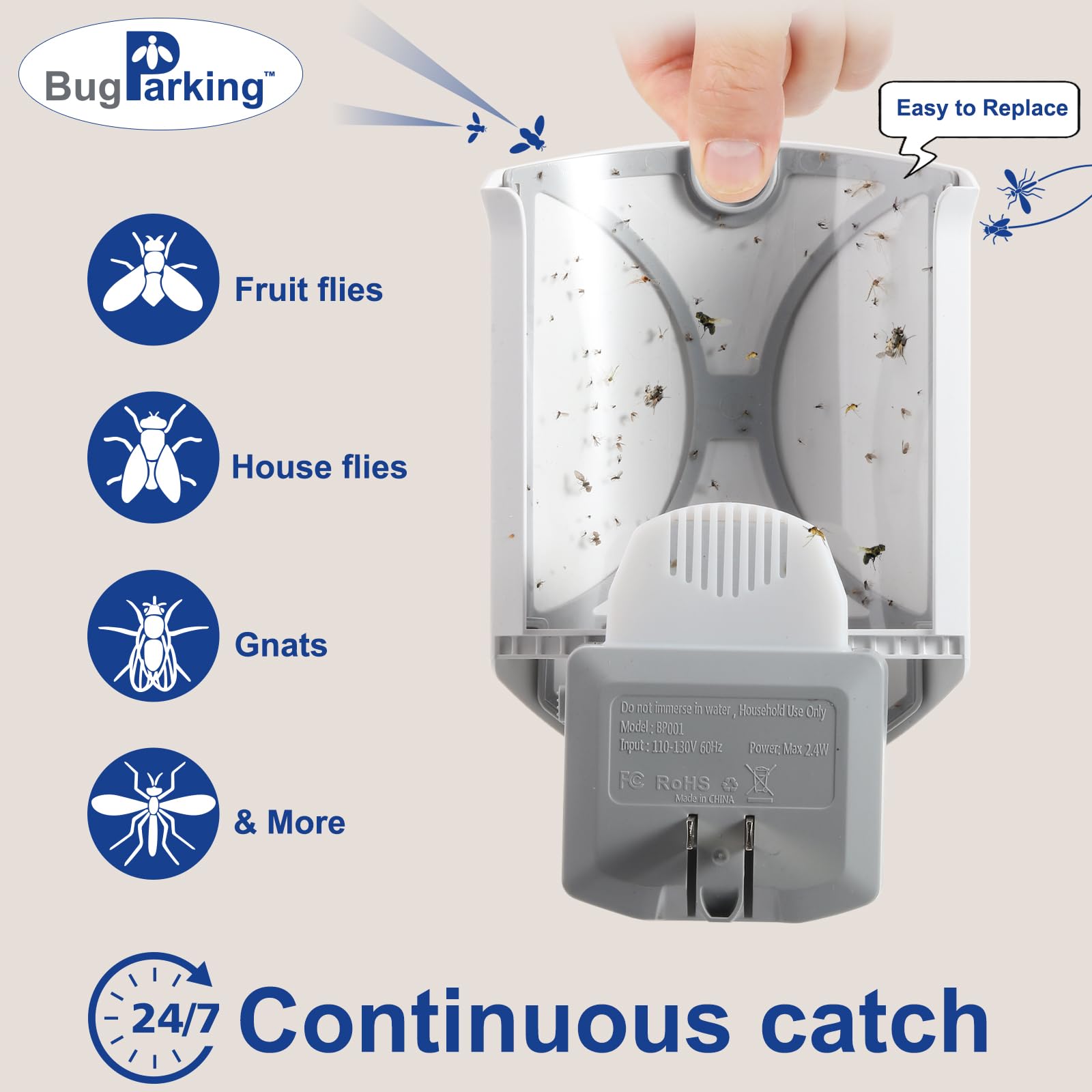 Bug Parking adhesive backing captures insects out of sight.