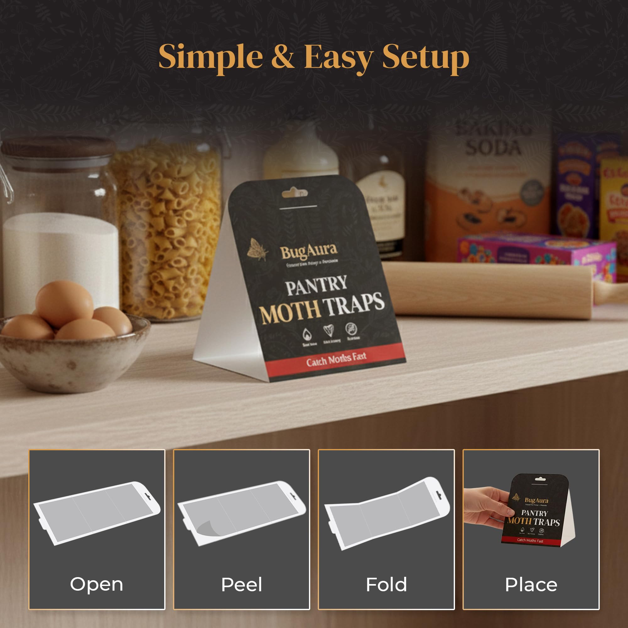 BugAura pantry moth traps highlighting non-toxic, odorless formula for indoor use.