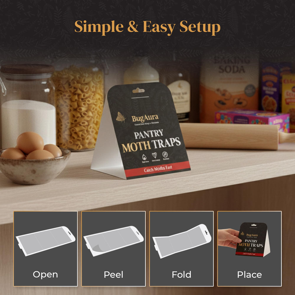 BugAura pantry moth traps highlighting non-toxic, odorless formula for indoor use.