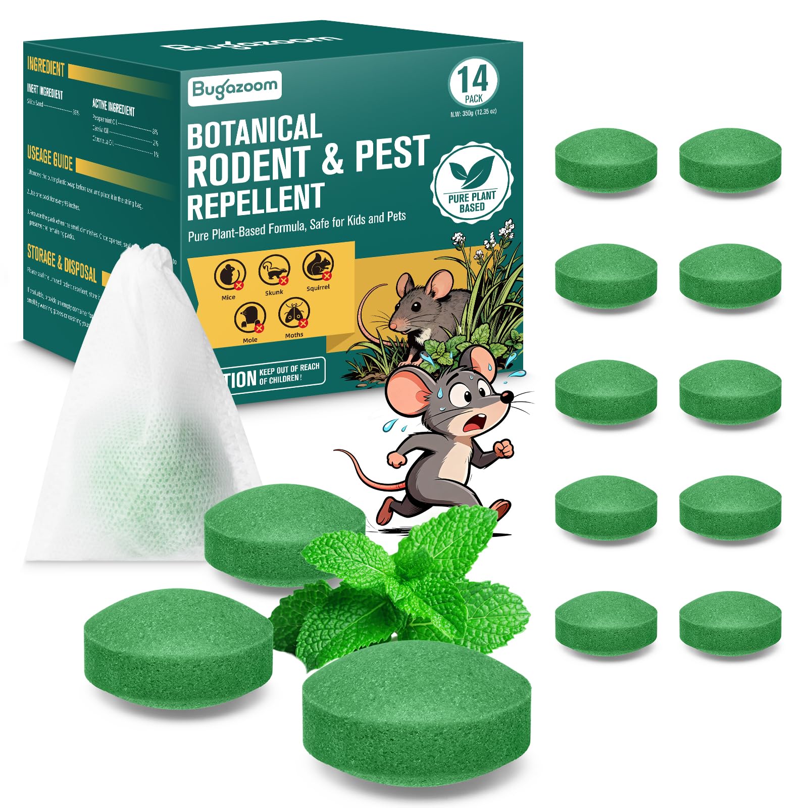 BUGAZOOM natural peppermint oil moth balls deter rodents safely for indoor and outdoor use.