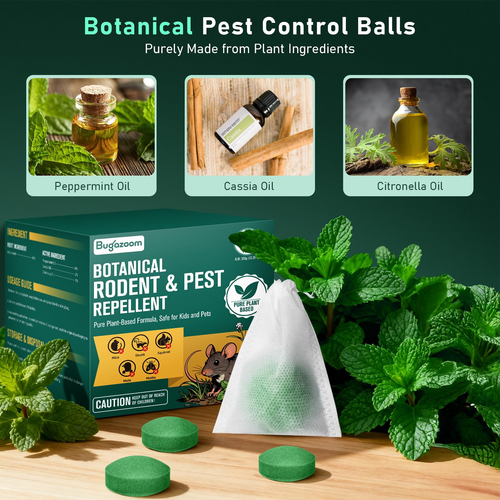 BUGAZOOM rodent deterrent pellets release mint scent for long-lasting protection.