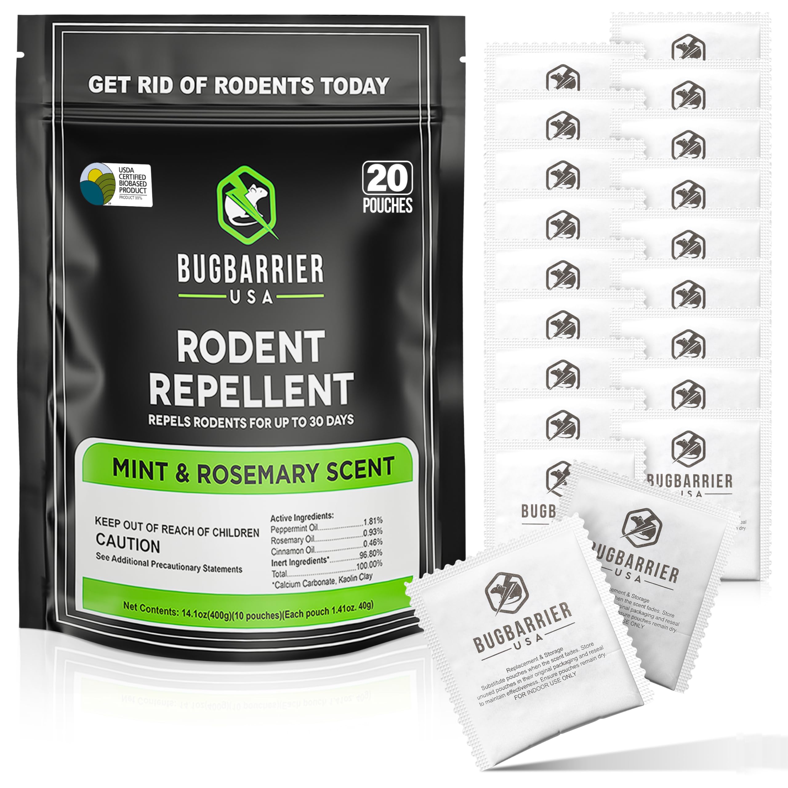 BugBarrier extra-strength mouse deterrent pouches pack-20 for homes, garages, and vehicles.