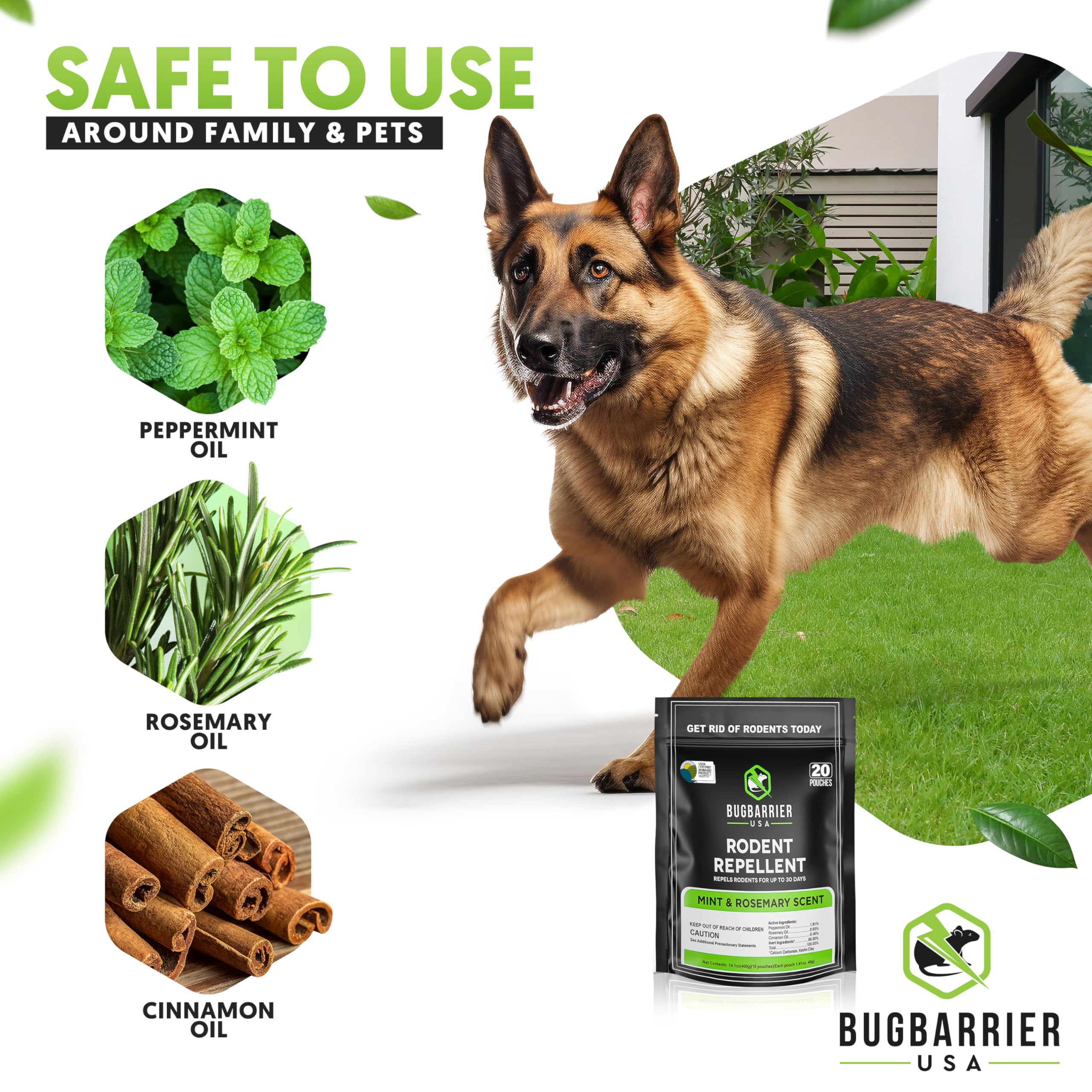 BugBarrier ingredients peppermint rosemary cinnamon oils provide natural deterrence in interiors.