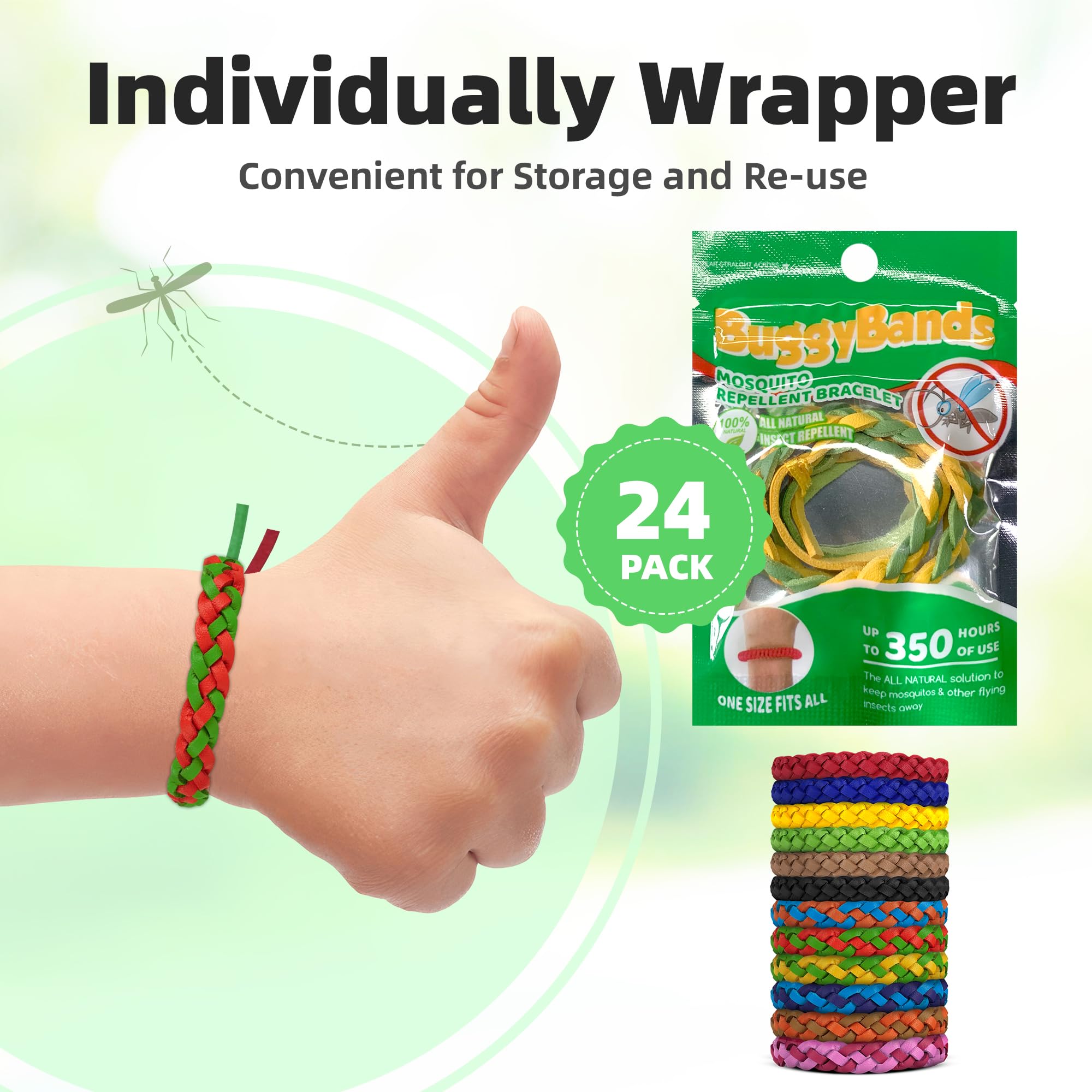 BuggyBands individually wrapped bracelets with resealable strips for easy storage.