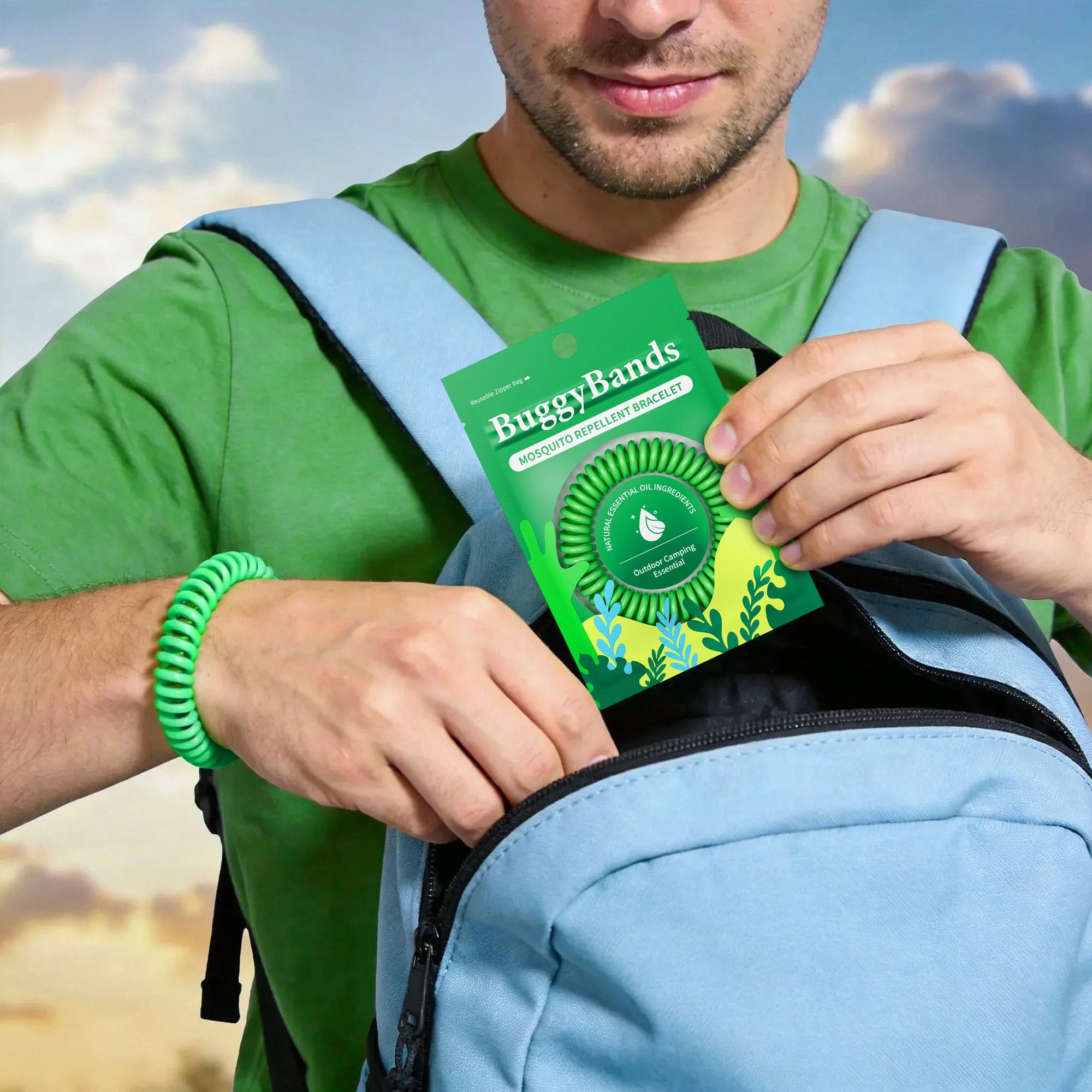 BuggyBands soft, elastic fit worn on wrist or ankle.