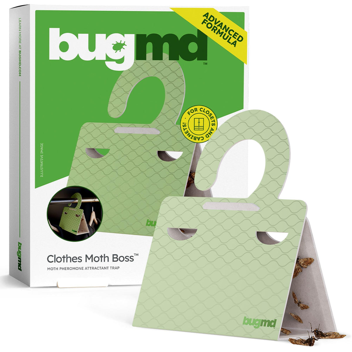 BugMD clothes moth trap 6-pack in closet setup attracting moths and reducing infestation.