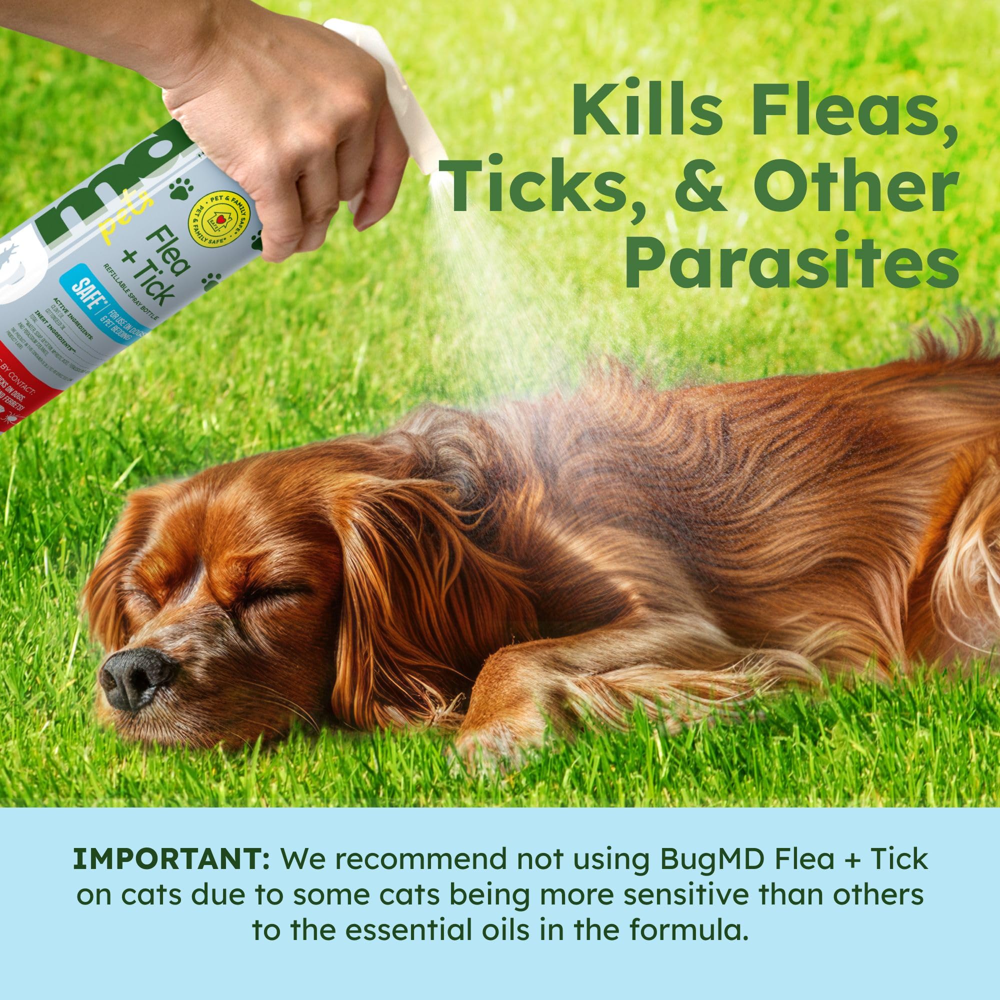 BugMD front label closeup highlighting essential oil power for flea control