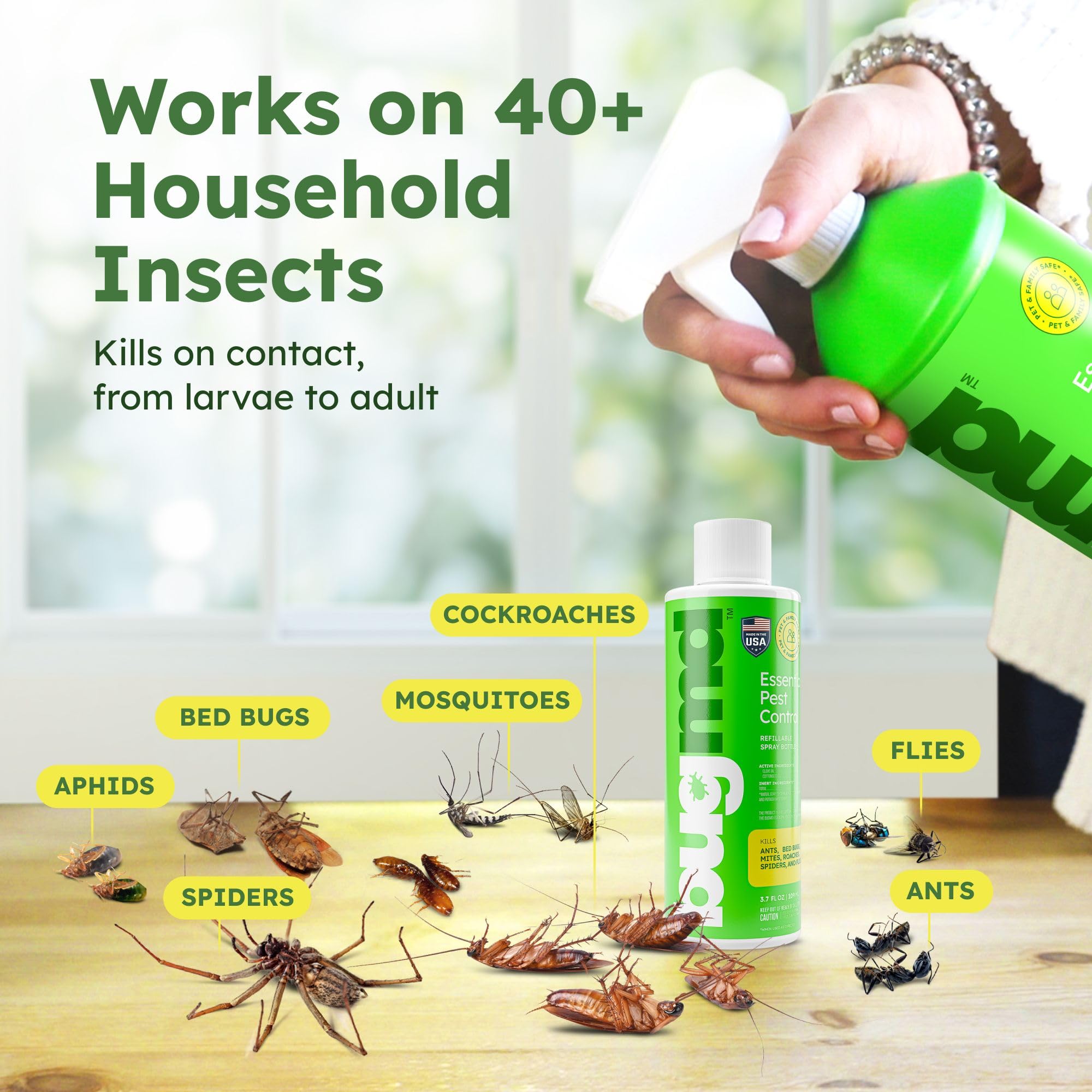BugMD spray bottle application demonstrates indoor and outdoor treatment with a safe botanical spray.