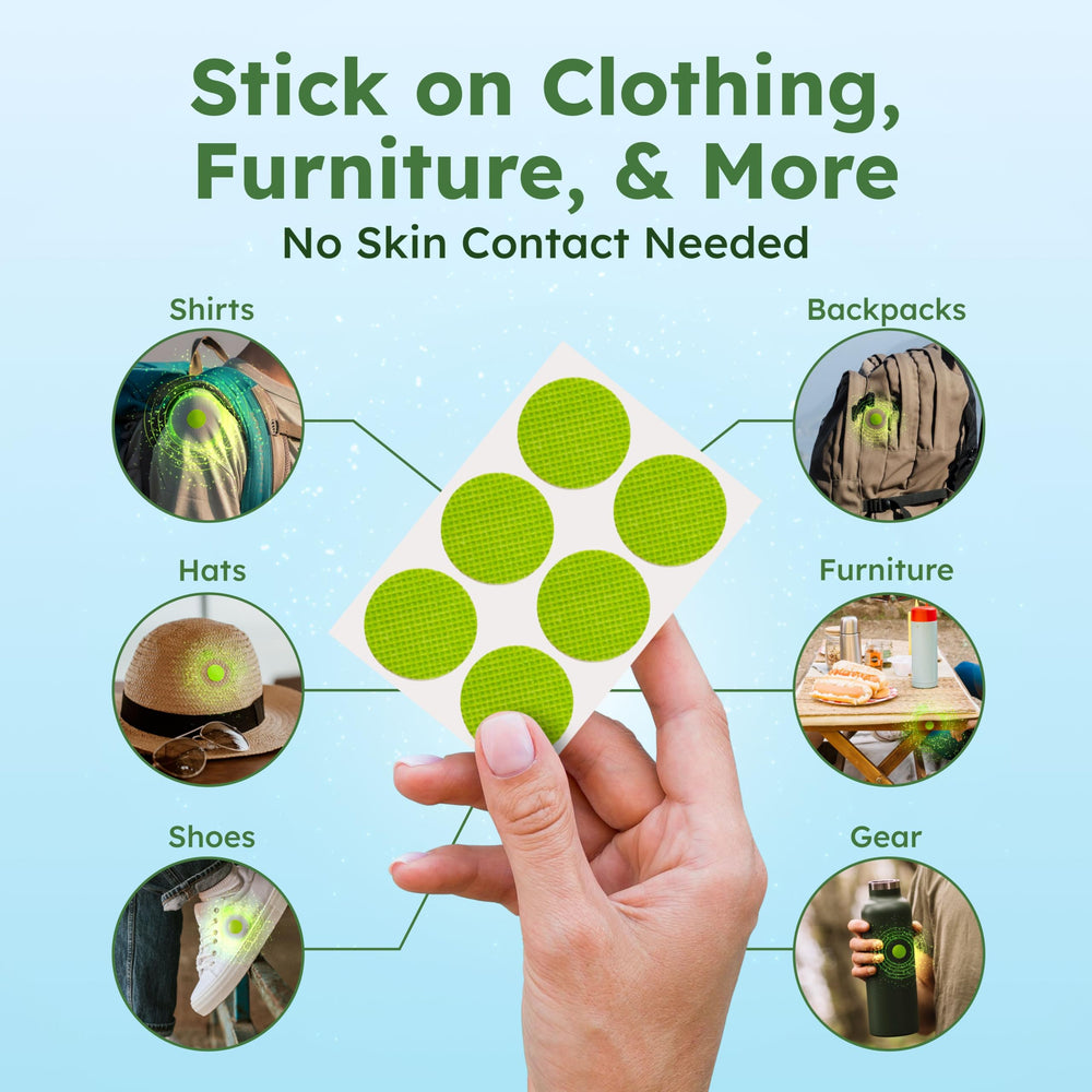 BugMD Squito Stickers on a beach chair offer travel-ready repellent