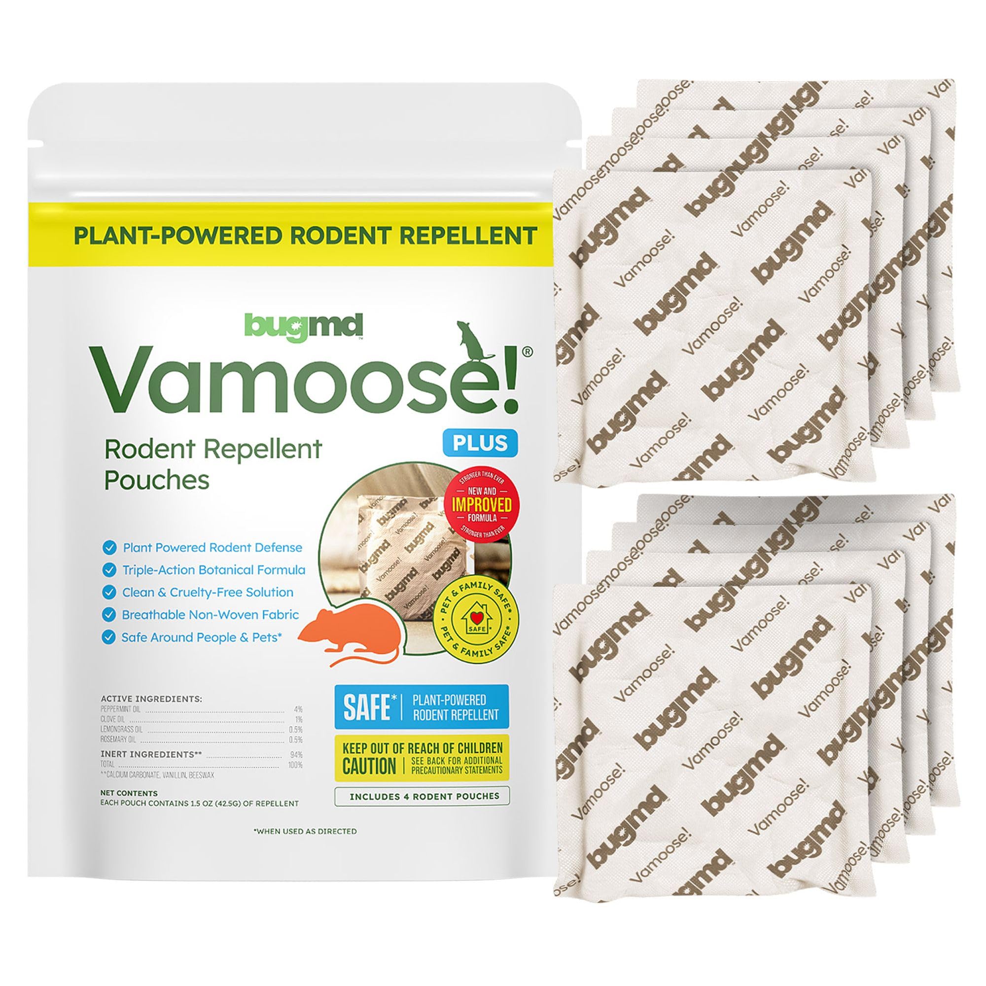 BugMD Vamoose peppermint pouch in a closet deters rodents with a fresh scent
