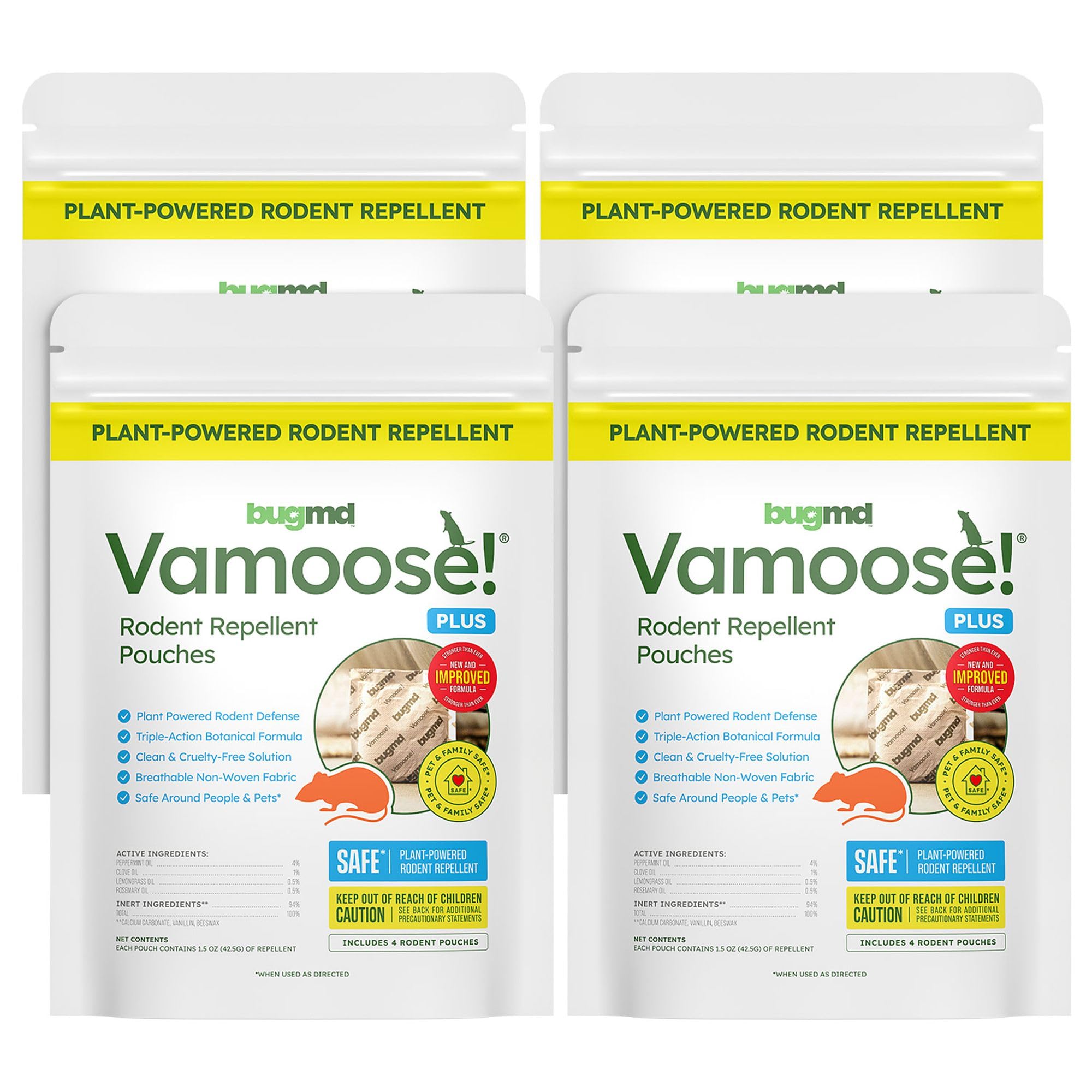 BugMD Vamoose Plus peppermint pouches packaging for natural rodent deterrence in homes.