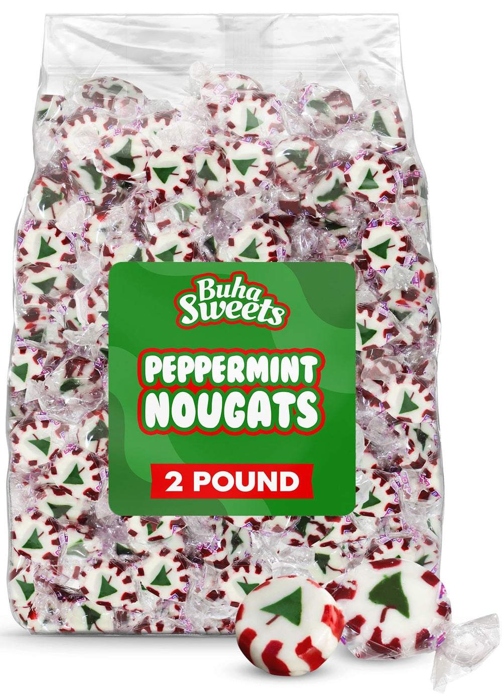 Buha Sweets bulk Christmas peppermint nougat pack, 110 pieces, ideal for party bowls.