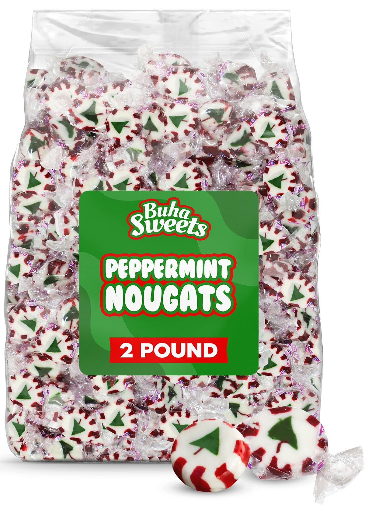Buha Sweets bulk Christmas peppermint nougat pack, 110 pieces, ideal for party bowls.