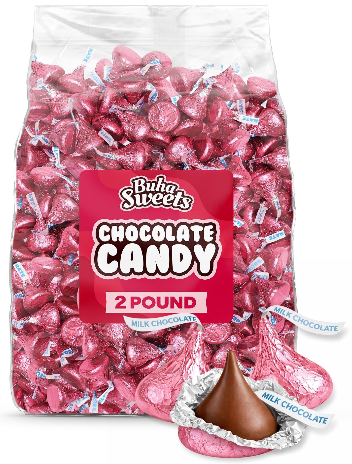 Buha Sweets pink-wrapped milk chocolate candies in a 2 lb bulk bag for sharing.