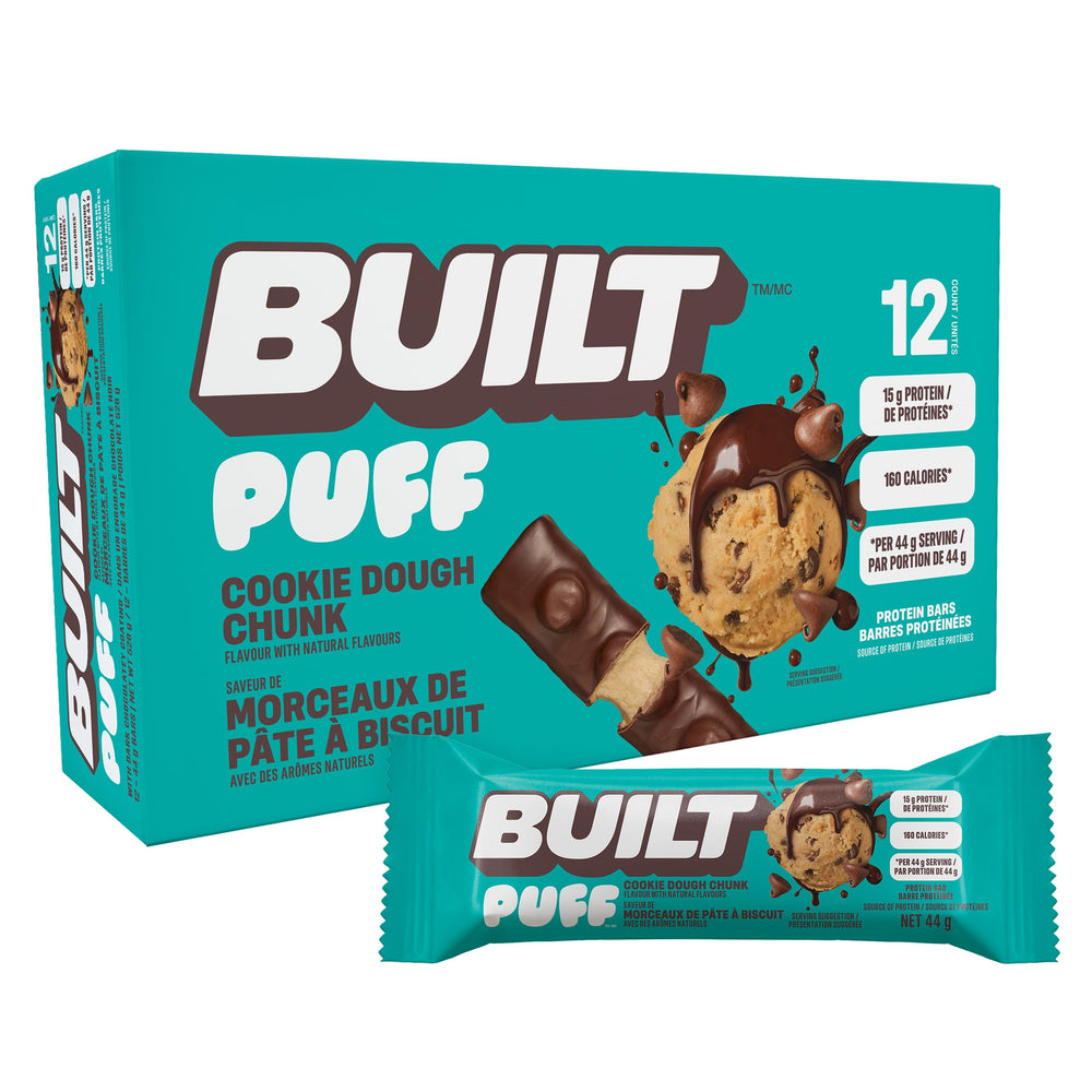 Built Bar Puff Cookie Dough front-pack image, a protein-packed on-the-go snack.
