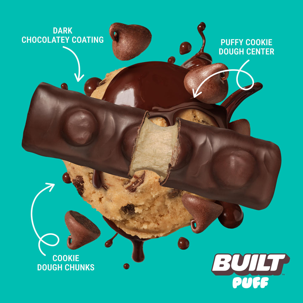 Built Bar Puff Cookie Dough nutrition panel shows 15g protein.
