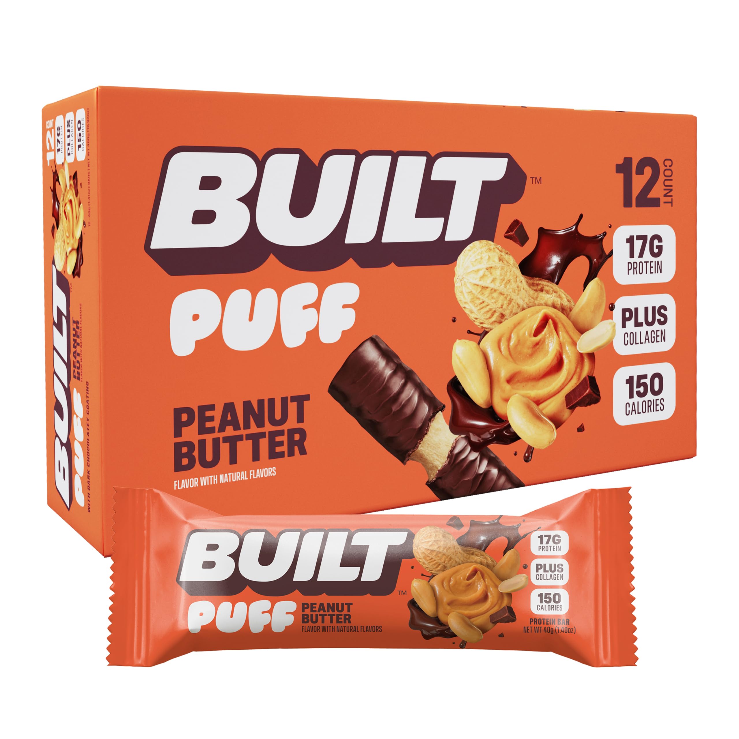 Built Bar Puff Peanut Butter Bar close-up highlighting protein-packed texture and flavor.