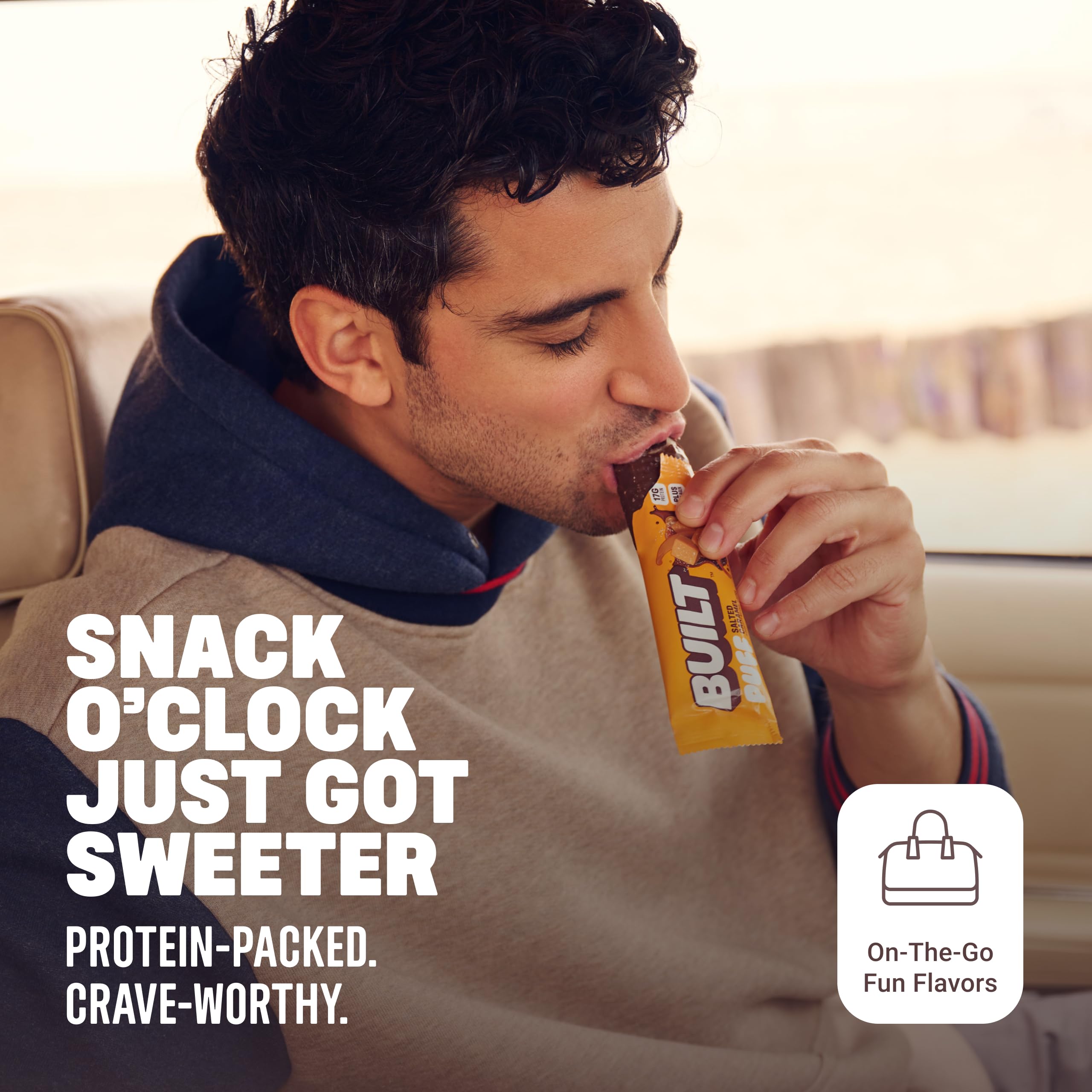 Built Bar Puff Salted Caramel collagen badge signals premium protein blend.