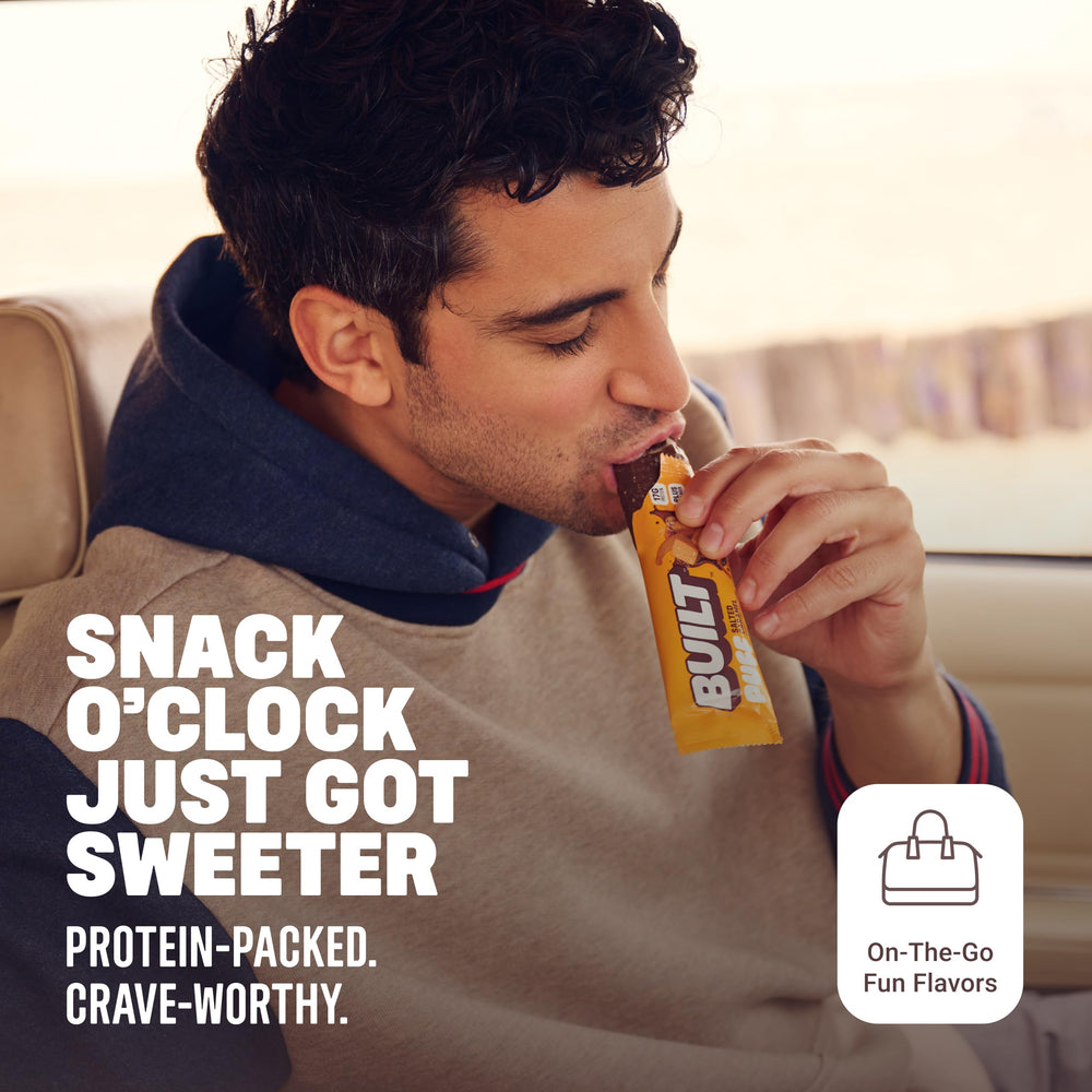 Built Bar Puff Salted Caramel collagen badge signals premium protein blend.