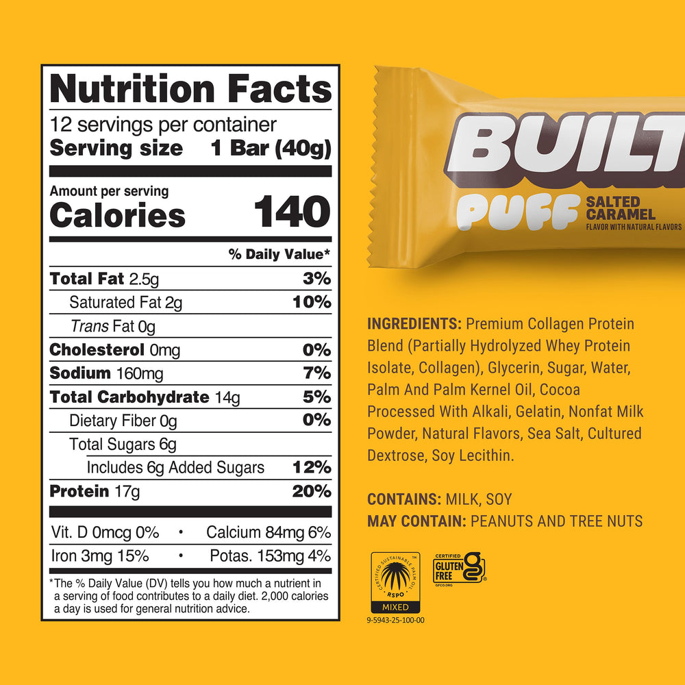 Built Bar Puff Salted Caramel packaging highlights gluten-free, convenient snack.