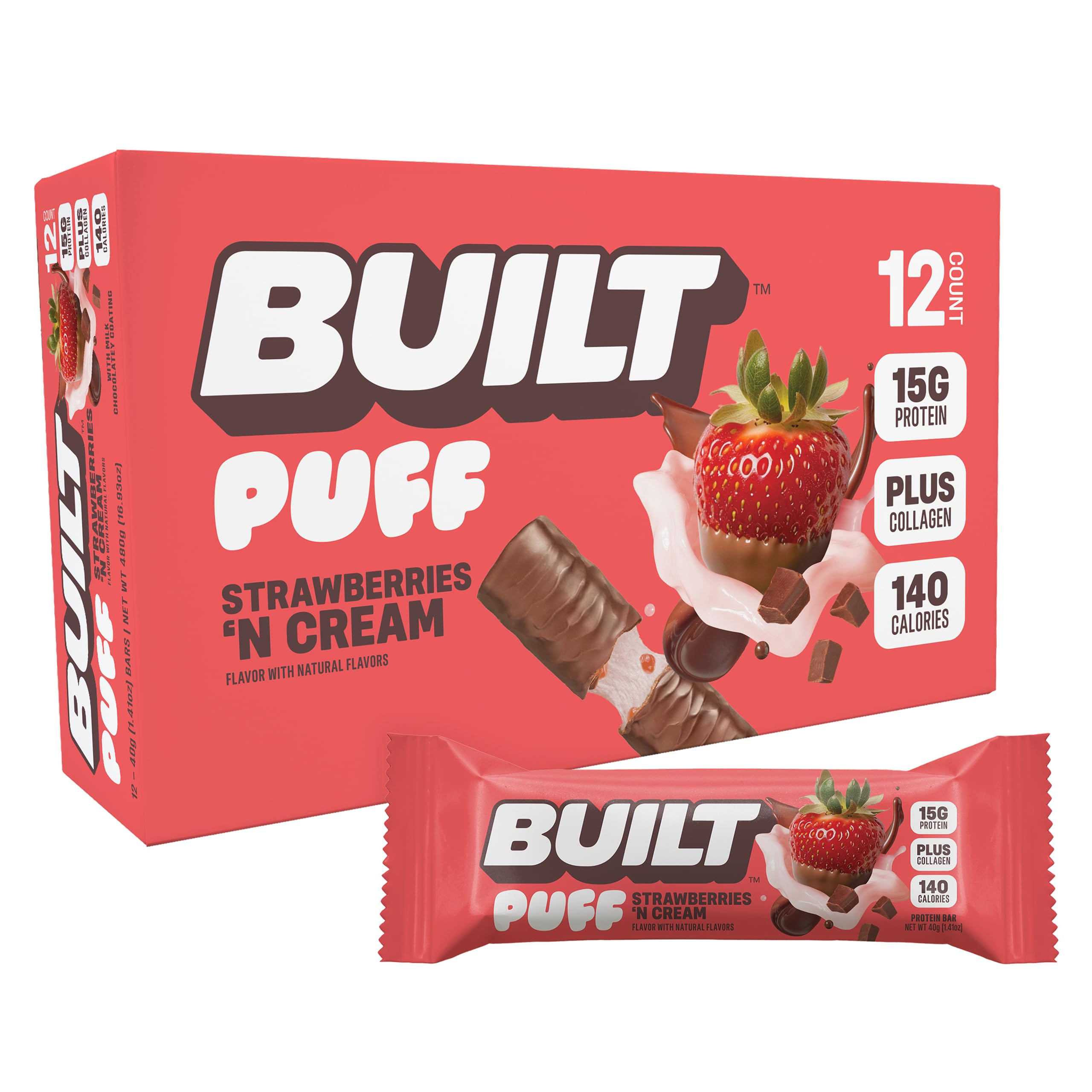 Built Bar Puff Strawberries-n-Cream bar wrapped for quick on-the-go protein snacking.