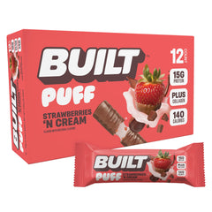 Built Bar Puff Strawberries-n-Cream bar wrapped for quick on-the-go protein snacking.