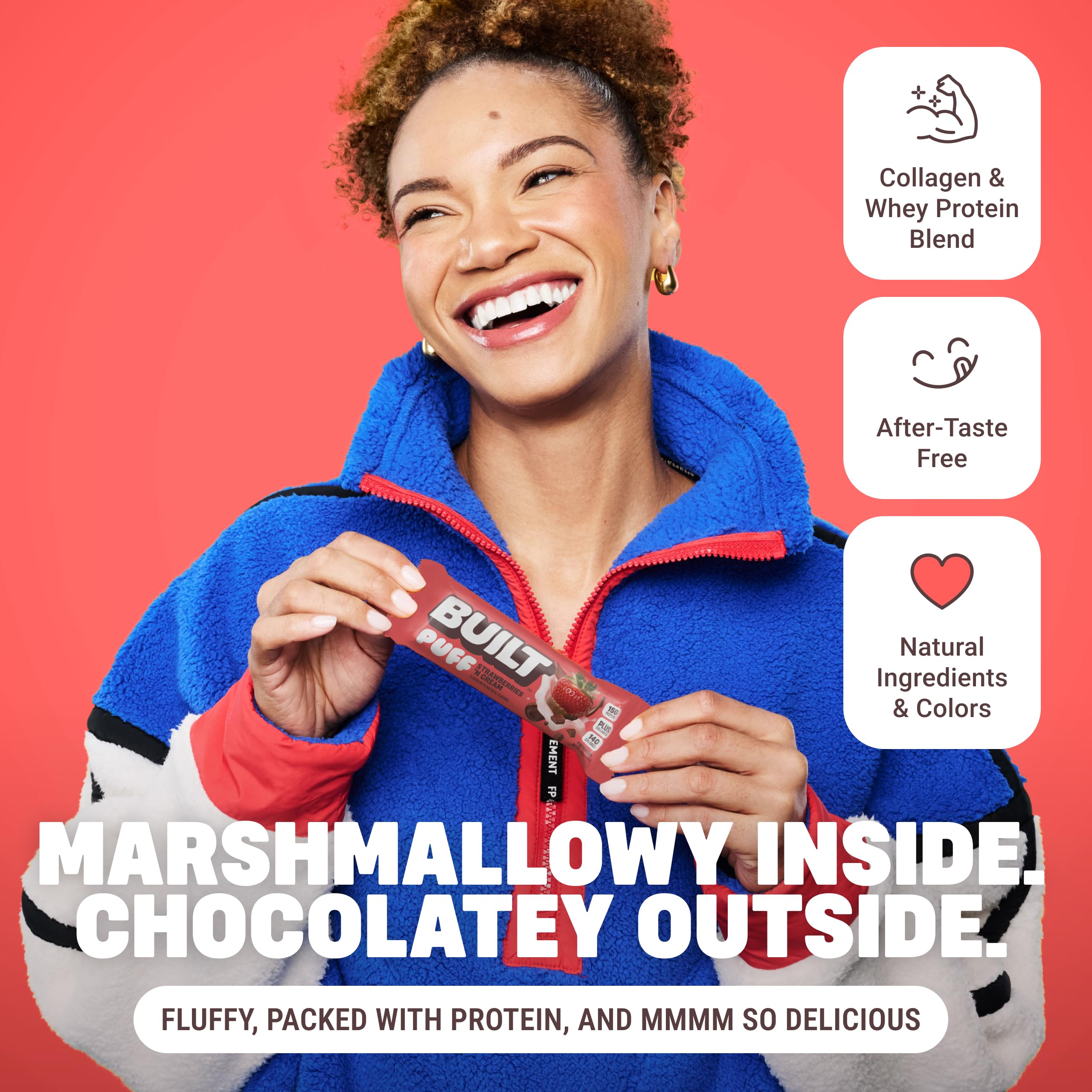 Built Bar Puff Strawberries-n-Cream ingredient focus highlights collagen inclusion.