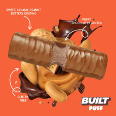 BUILT Bar Puff Peanut Butter Cup texture shows light, fluffy bite without chalkiness.