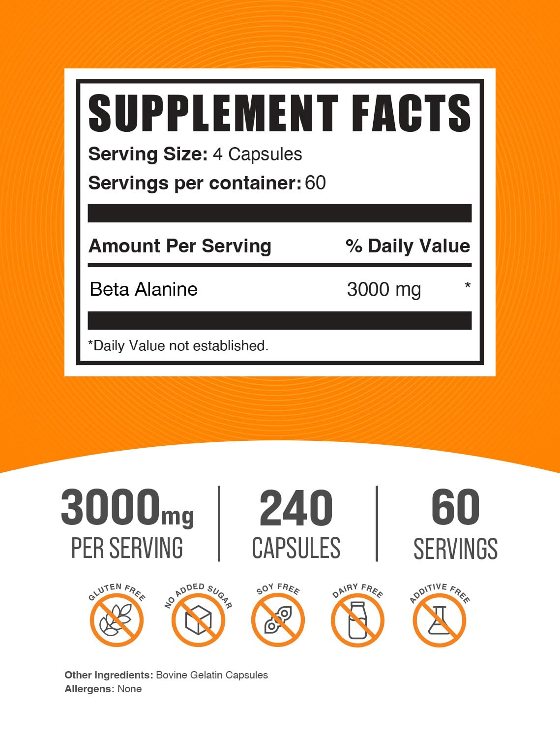BulkSupplements Beta Alanine capsules close-up label, gluten-free formula for diverse diets.