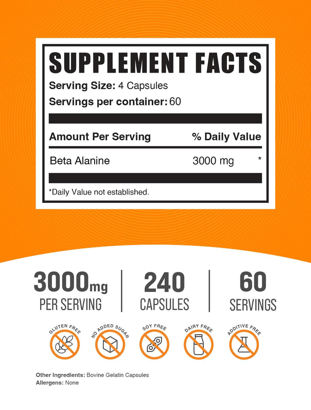 BulkSupplements Beta Alanine capsules close-up label, gluten-free formula for diverse diets.