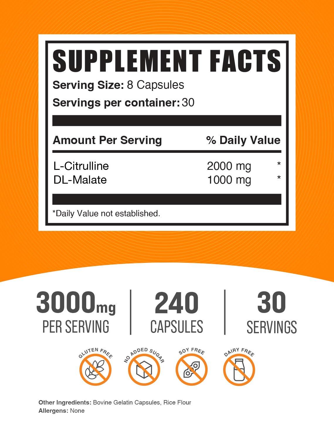 Close-up of BulkSupplements L-Citrulline Malate capsules showing convenient 2:1 ratio