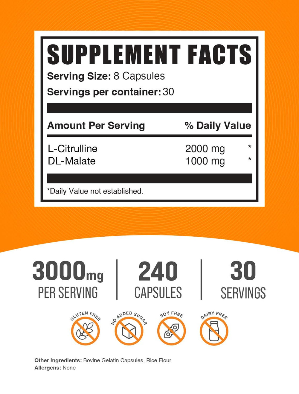 Close-up of BulkSupplements L-Citrulline Malate capsules showing convenient 2:1 ratio