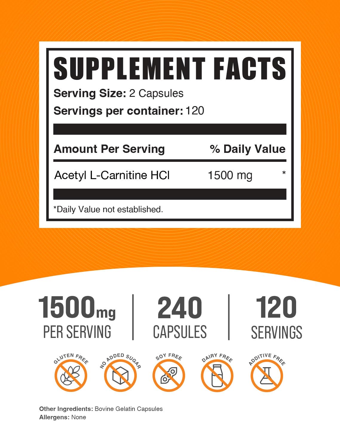 BulkSupplements ALCAR HCl capsules closeup; a compact 2-capsule serving for 1500 mg daily.
