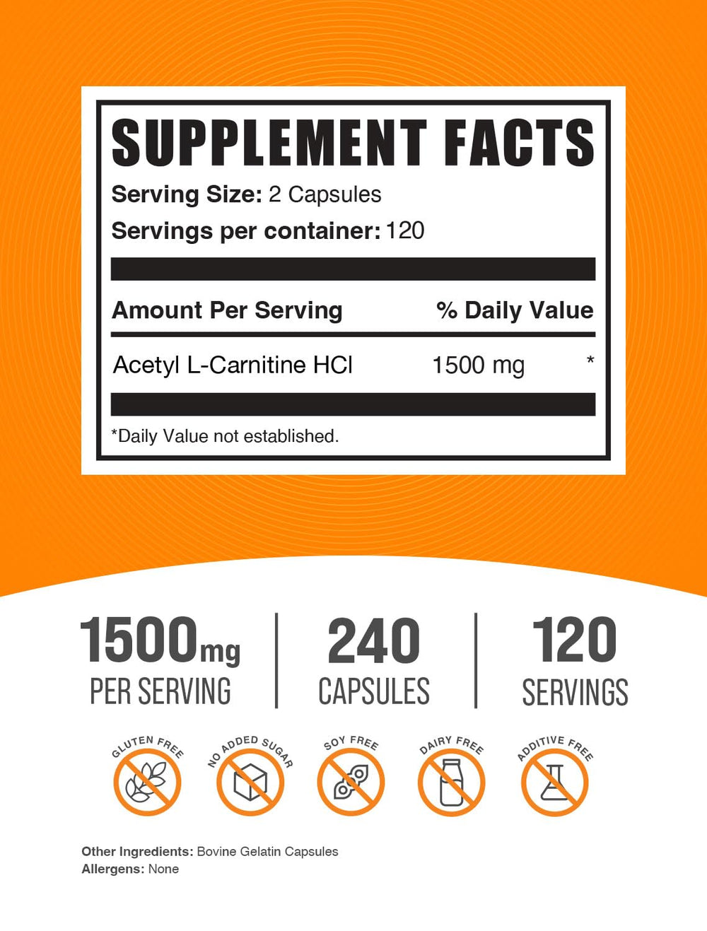 BulkSupplements ALCAR HCl capsules closeup; a compact 2-capsule serving for 1500 mg daily.