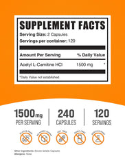 BulkSupplements ALCAR HCl capsules closeup; a compact 2-capsule serving for 1500 mg daily.