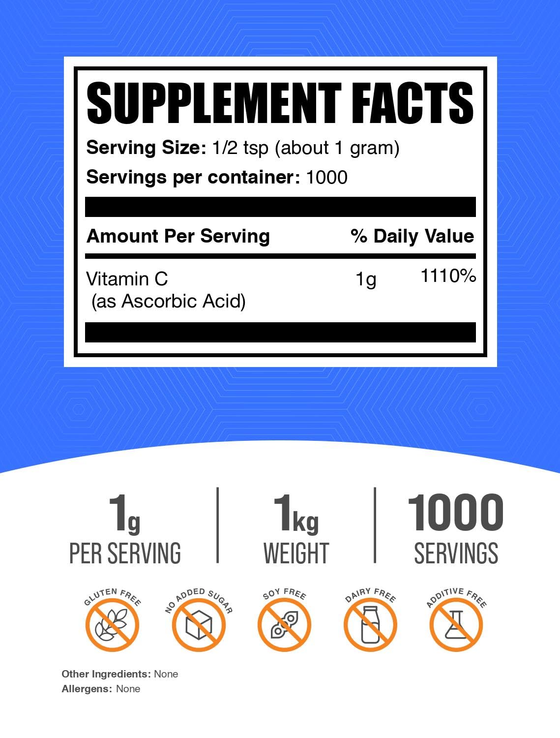 BulkSupplements Ascorbic Acid powder being scooped for precise 1 g serving.