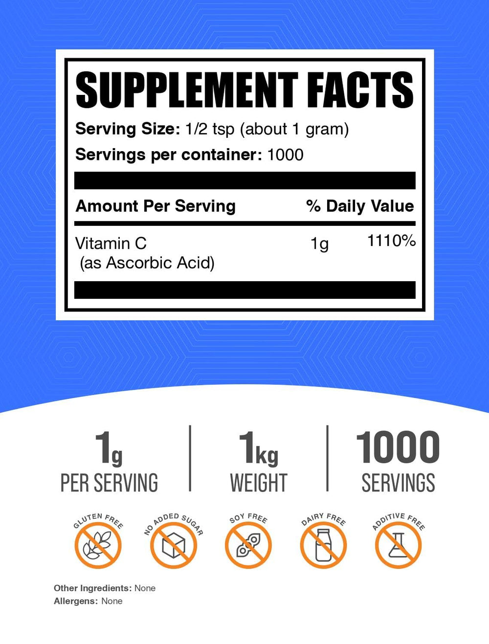 BulkSupplements Ascorbic Acid powder being scooped for precise 1 g serving.